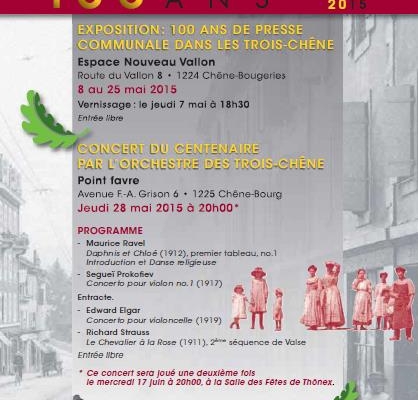 Affiche des 100 ans du journal “Le Chênois” avec expo, concert et programme à Chêne-Bougeries en mai 2015.
