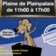 Affiche annonçant des démonstrations canines à la Plaine de Plainpalais de 11h à 17h, organisée par Infos Conseils Chiens.