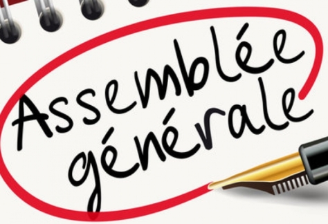 Texte manuscrit « Assemblée générale » entouré en rouge sur fond de carnet.