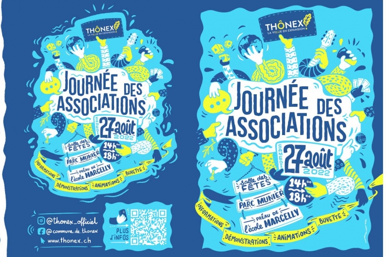 Affiche "Journée des associations" en août 2022 à Thônex, avec animations, infos, buvette et démonstrations.