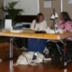 Deux dames discutent à une table d’exposition, accompagnées de deux chiens d’assistance couchés au sol, dans une salle d’intérieur.
