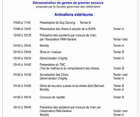 Programme de la Journée de conseils aux propriétaire de chiens 2016 : démonstrations, conseils, stands à thème et gestes de premiers secours.