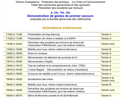 Affiche du programme 2016 de la Journée de conseils aux propriétaires de chiens, détaillant les animations, démonstrations et stands thématiques.
