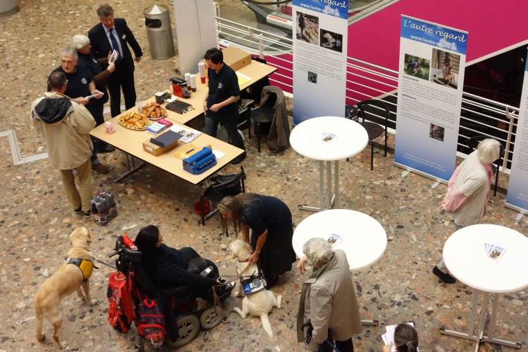 Ambiance conviviale au stand L'Autre Regard, avec chiens d’assistance et visiteurs réunis lors de la présentation de l'Association.