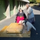 Démonstration d’un chien guide montant une rampe en bois, observé par deux femmes dont l’une en fauteuil roulant.