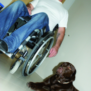 Un homme en fauteuil roulant est accompagné de son chien d’assistance, allongé au sol et attentif à ses côtés.
